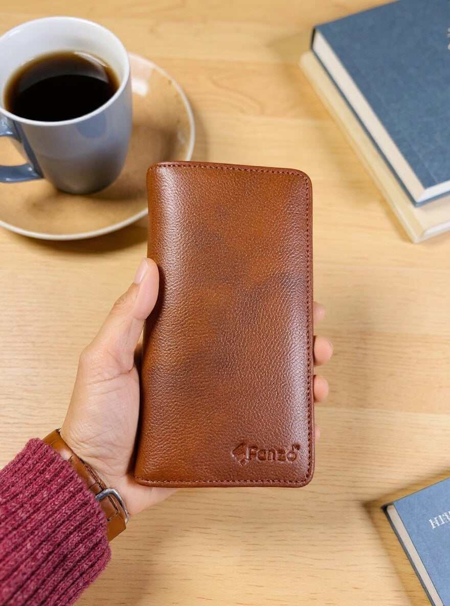 Premium brown leather long wallet with zipper pocket
