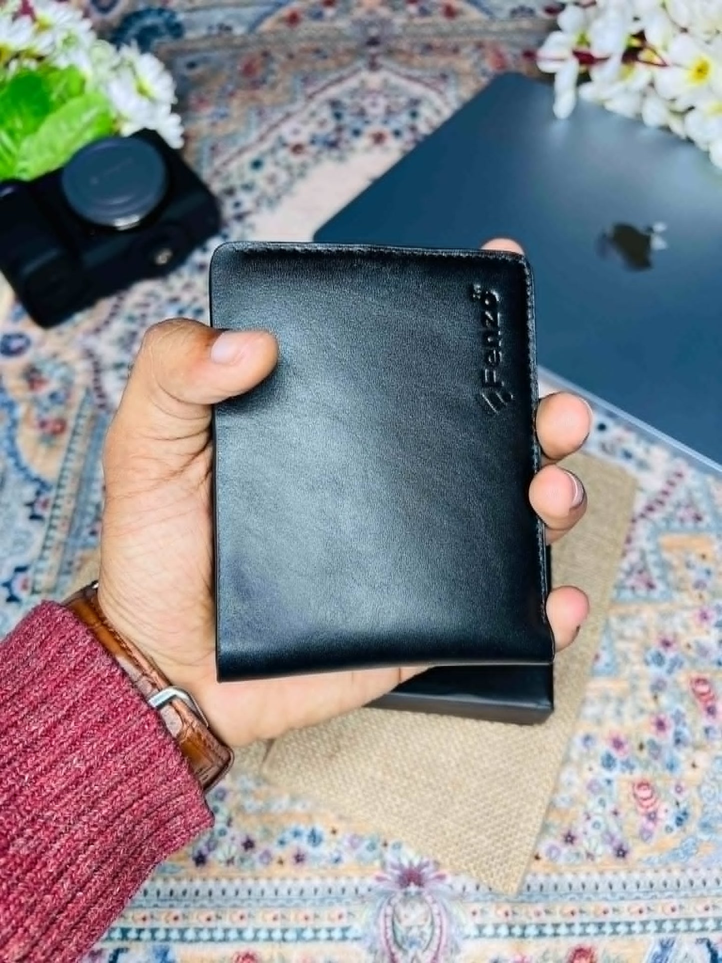 Sleek black leather bifold pocket wallet for everyday luxury style