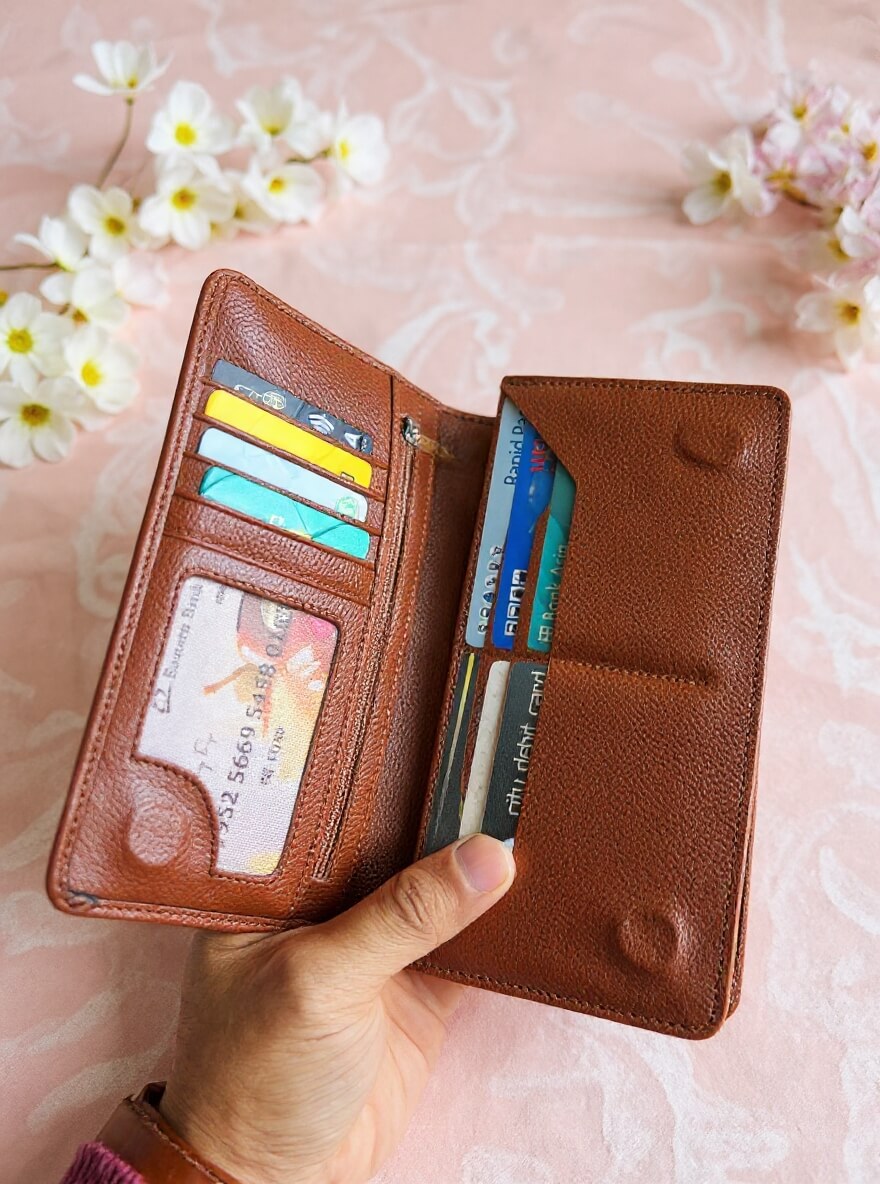 Premium brown leather long wallet with card slots and zipper pocket