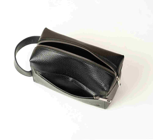 Top shot of open Fenzo black leather box pouch showing spacious interior.