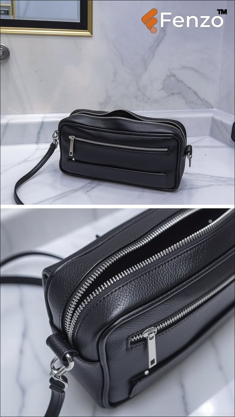 Front view of sleek black leather clutch bag by Fenzo with silver metal zipper.