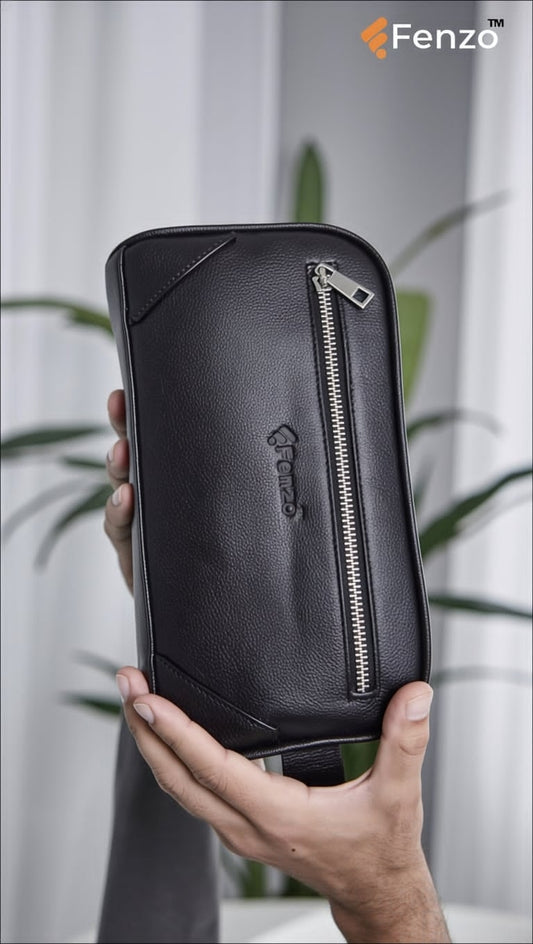 Fenzo premium black genuine leather travel pouch front view for men in UAE.