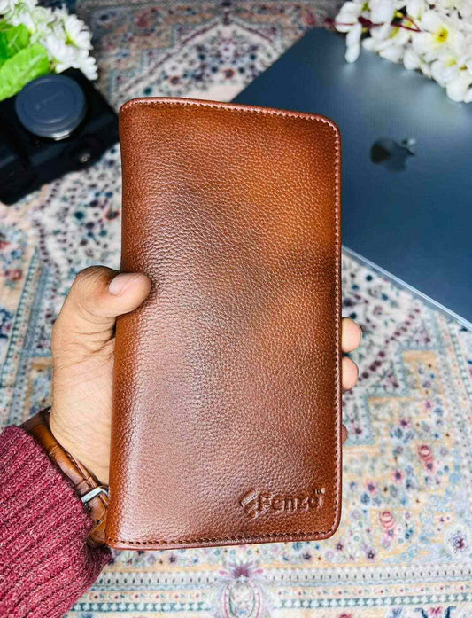 Slim brown leather long wallet for men with multiple credit card slots