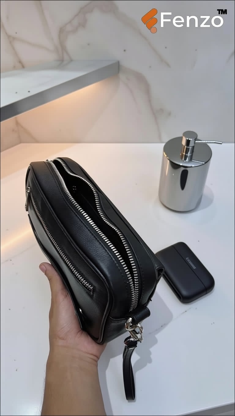 Minimalist Fenzo black leather pouch for corporate professionals and executives.