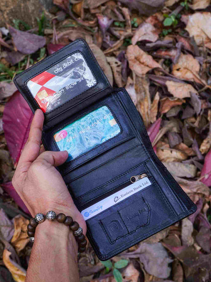Premium Genuine Leather Wallet with ID Window Card Slots & Zipper Coin Pocket