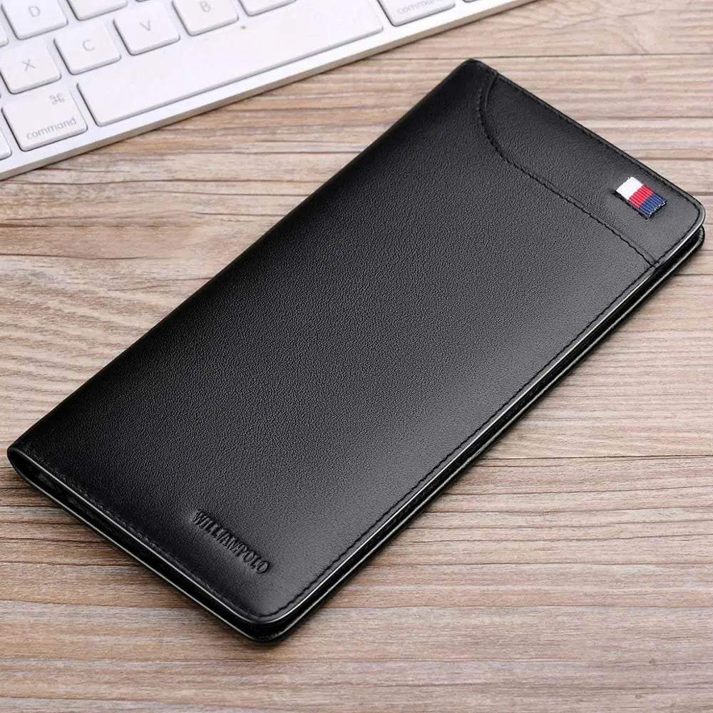 Opened black leather bifold long wallet holding credit cards and bank notes