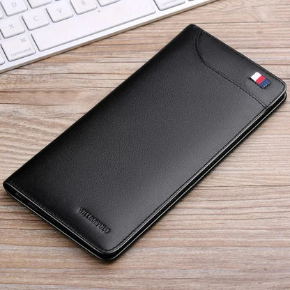 Opened black leather bifold long wallet holding credit cards and bank notes
