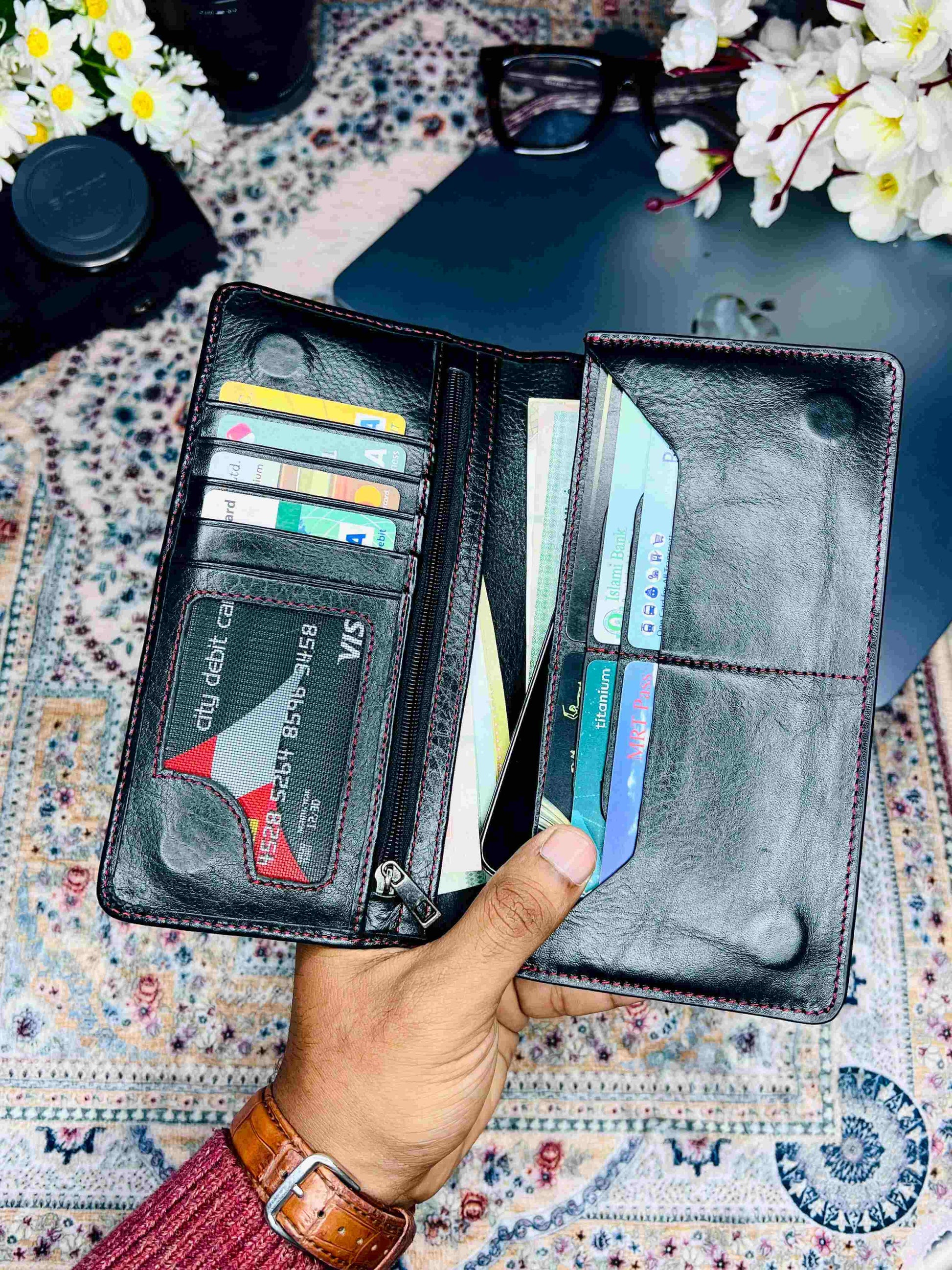 Genuine brown leather long wallet for men with credit cards inside