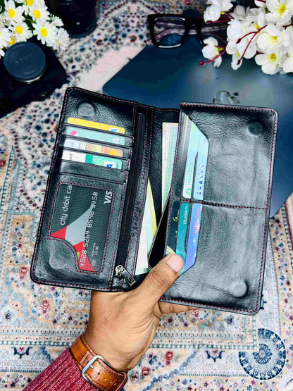 Genuine brown leather long wallet for men with credit cards inside