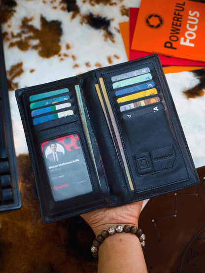 Interior view of an open premium leather long wallet for men featuring custom memory card holder slots